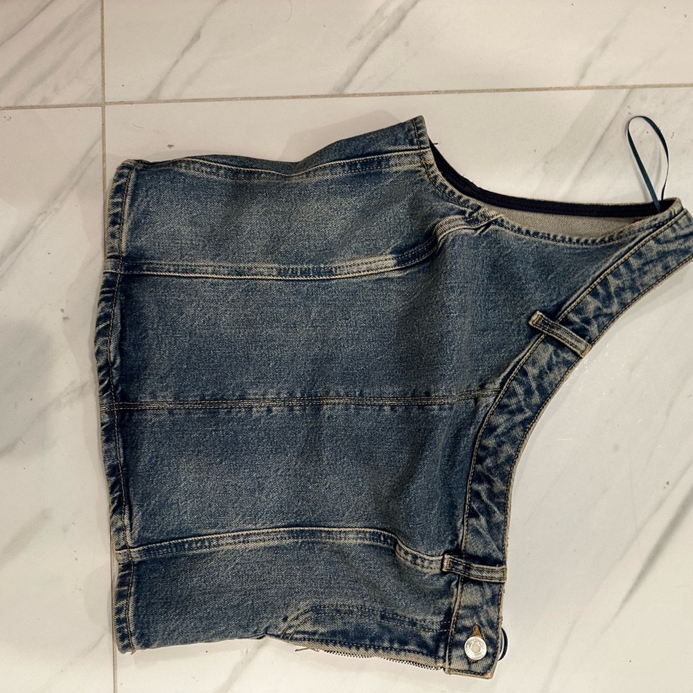 Zara Blue and Tan Denim Top
